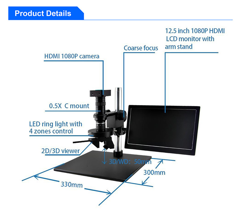 OPTO-EDU A21.1610 2d 3d Digital Video Microscope Manual Rotate 0.6-5.0x 1080p Zoom